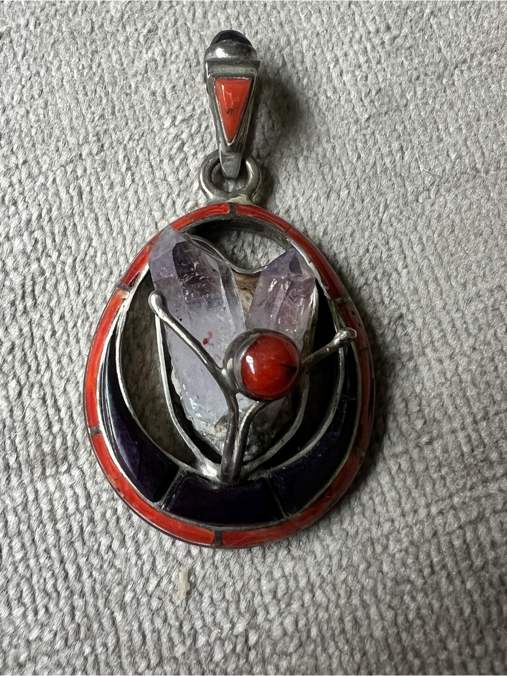 Vintage Handmade Sterling Silver Amethyst Crystal Coral Inlay Artisan Pendant RA